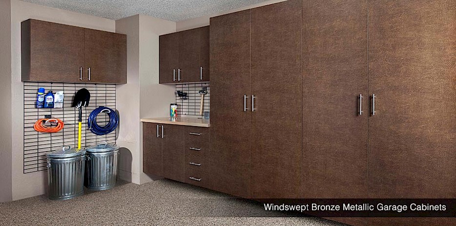 Bronze Metallic Finish Garage Cabinets and Gridwall System
